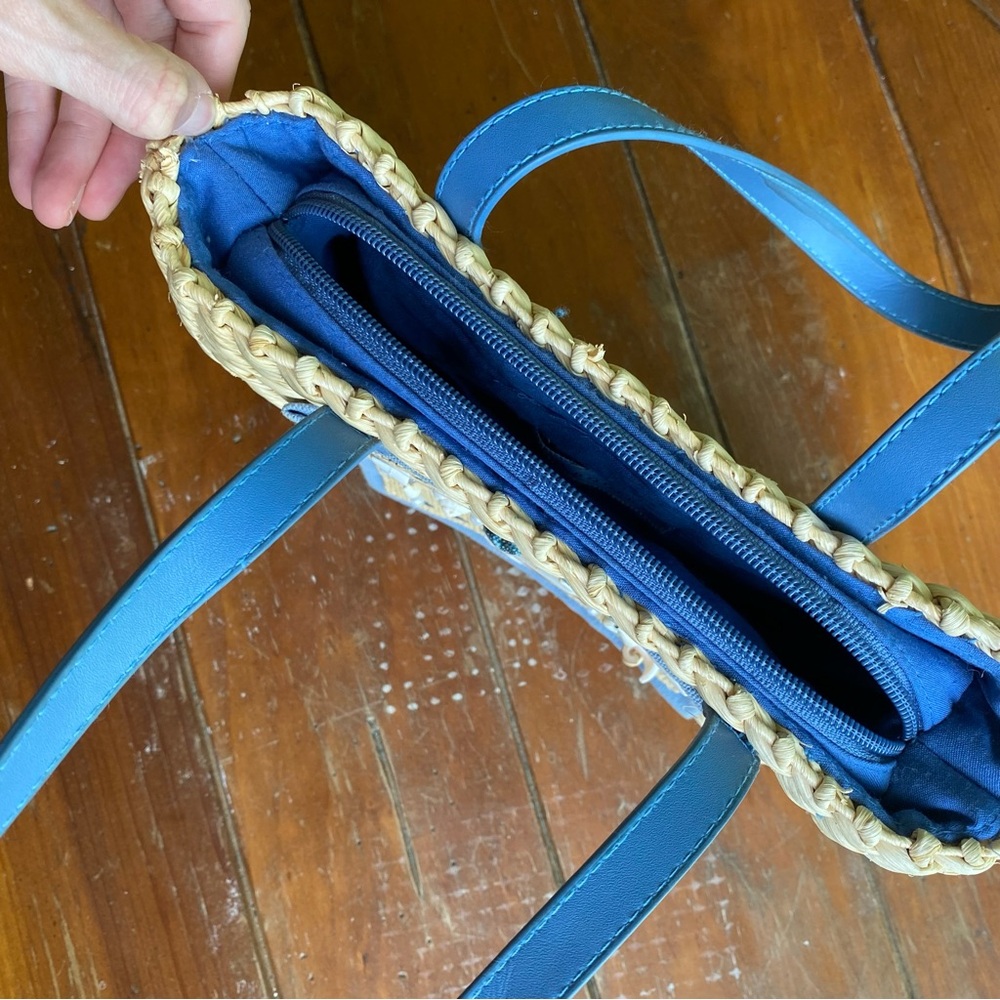 Kim Rogers Straw/Paper Mini Tote/Hand Bag w. Sea Blue Lining & Shell Accents - Picture 7 of 7